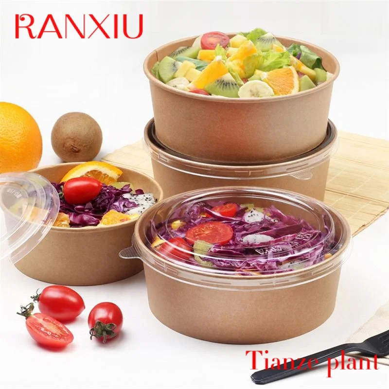 Custom % Eco Friendly Biodegradable food Packaging Cup Bowl PLA PE coating Disposable Brown Round Kraft Paper Salad Bowl With LI