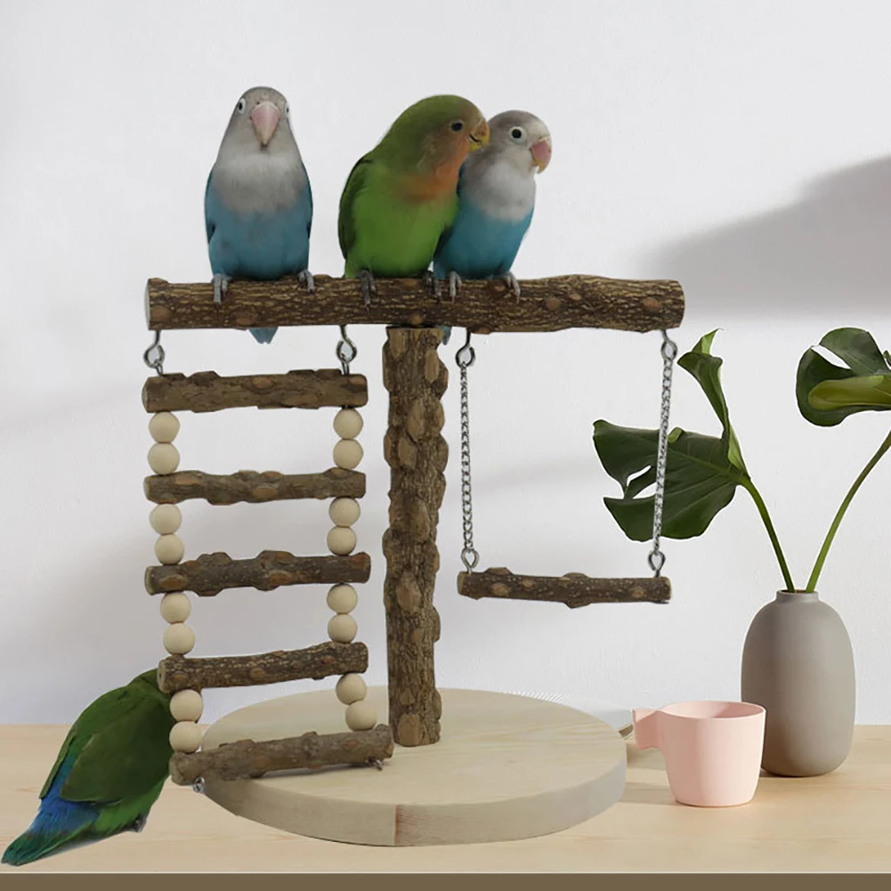 Bird Standing Sticks Perches Platform Wooden Hanging Ladder Swing Interactive Toys Bird Cage Playground For Cockatiel Conures