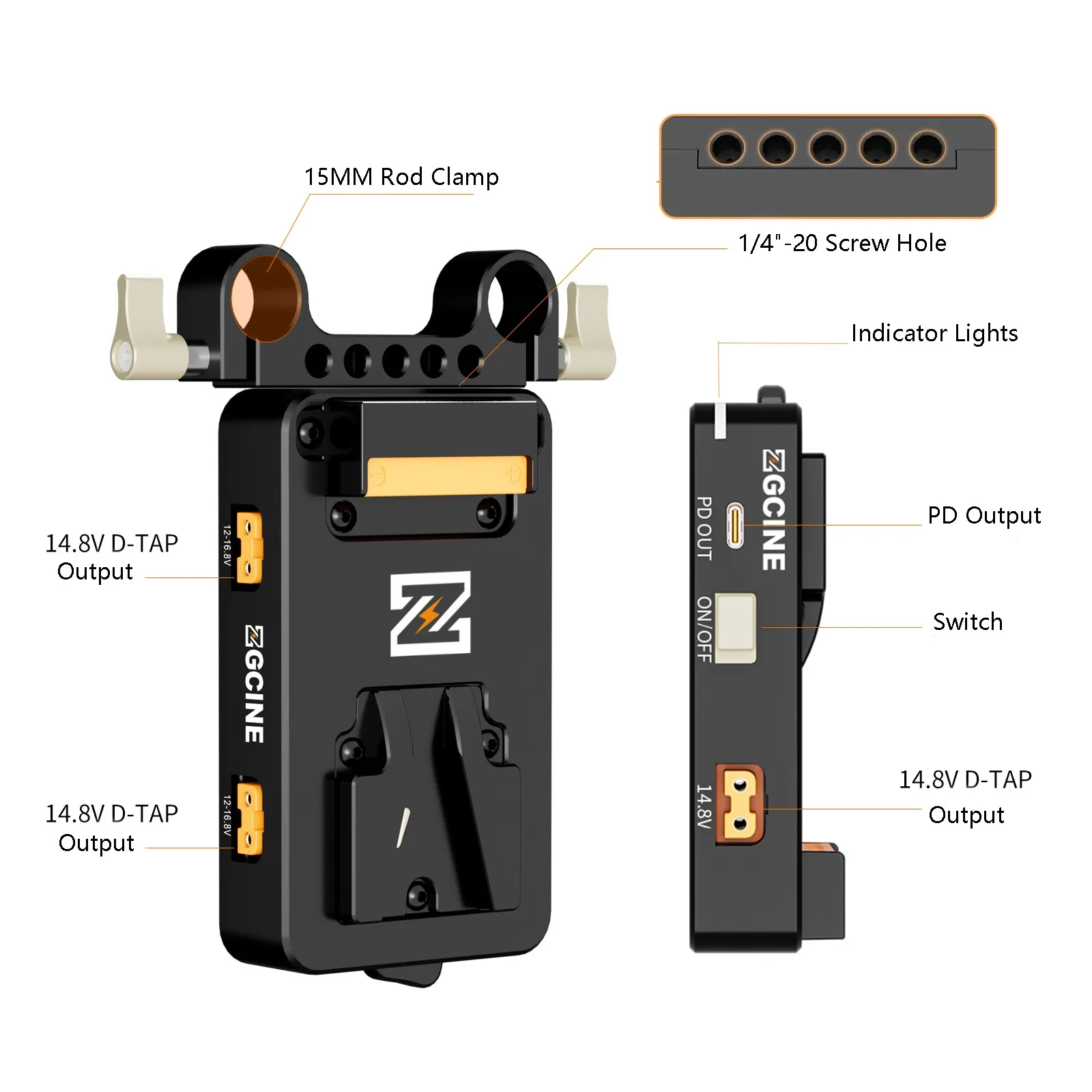 ZGCINE VM-VP3 V-Mount Battery Plate USB-C PD D-Tap Output 14.8V Regulated Compact Power Hub for Camera Monitor Video Rig