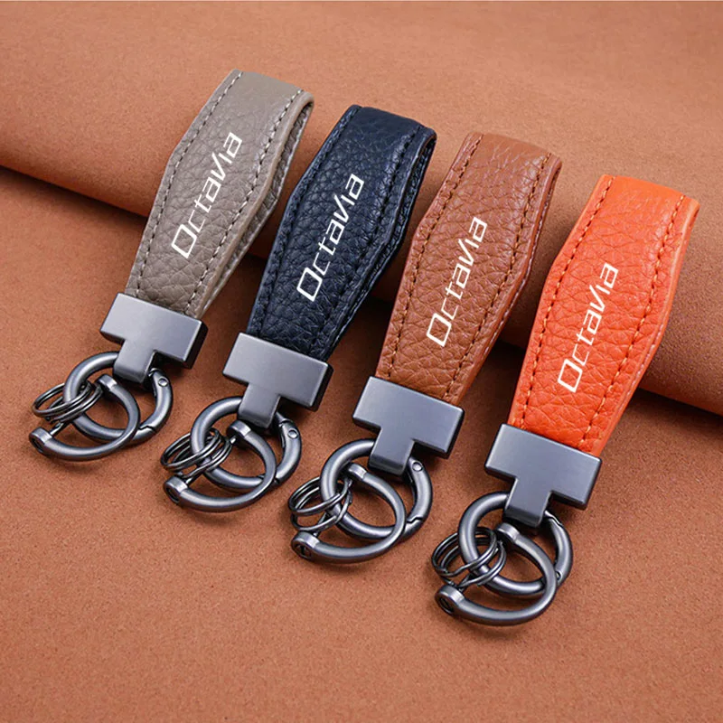 Litchi leather Fashion Durable Emblem Leather Car Key Ring Keychain Holder with logo For Skoda Octavia Accessorie Senior sense