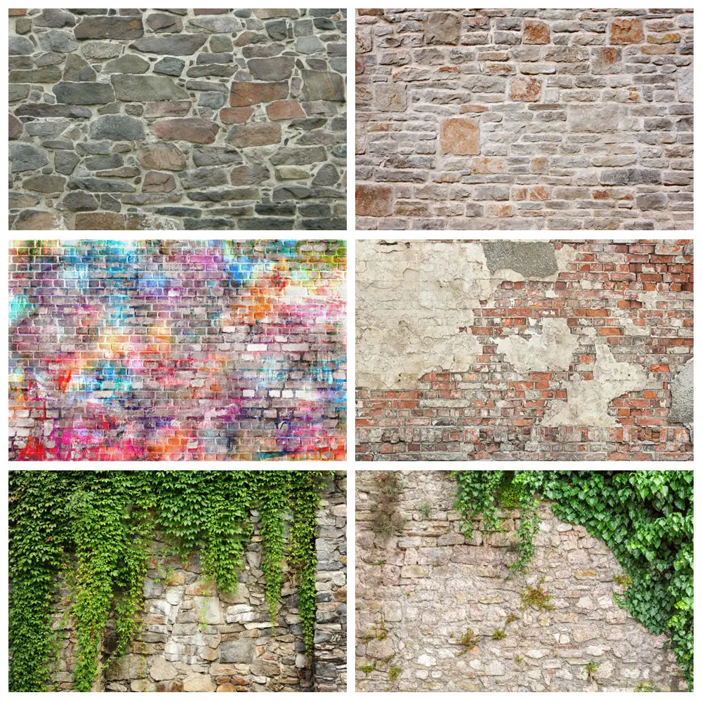 

Vintage Brick Wall Backdrop Stone Green Leaves Kid Baby Birthday Portrait Wedding Photography Background Decor Photo Studio Prop