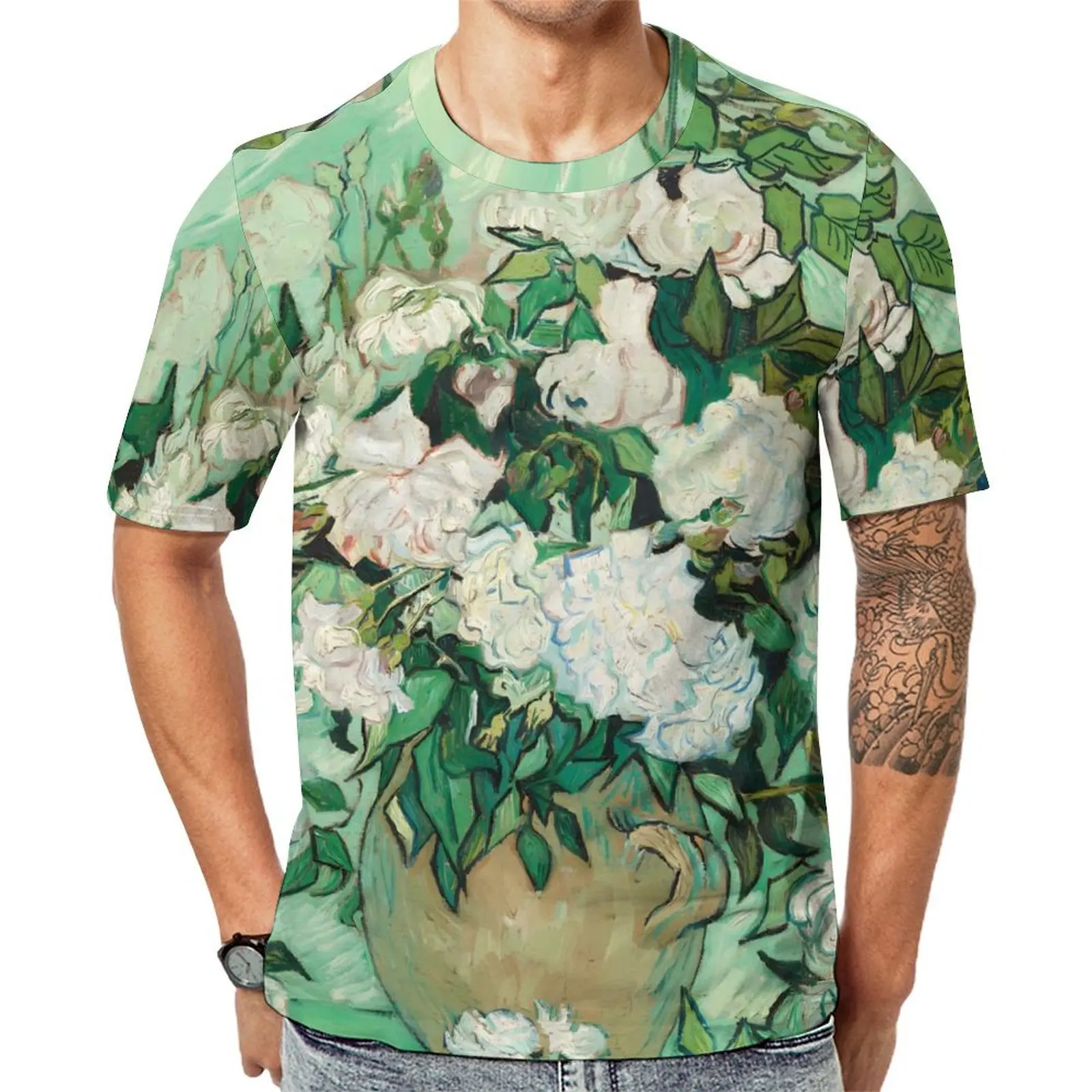 Oversized T-Shirt Beach Vincent Van Gogh T Shirts Roses Print Streetwear O Neck Tshirt Mens Vintage Custom Clothing