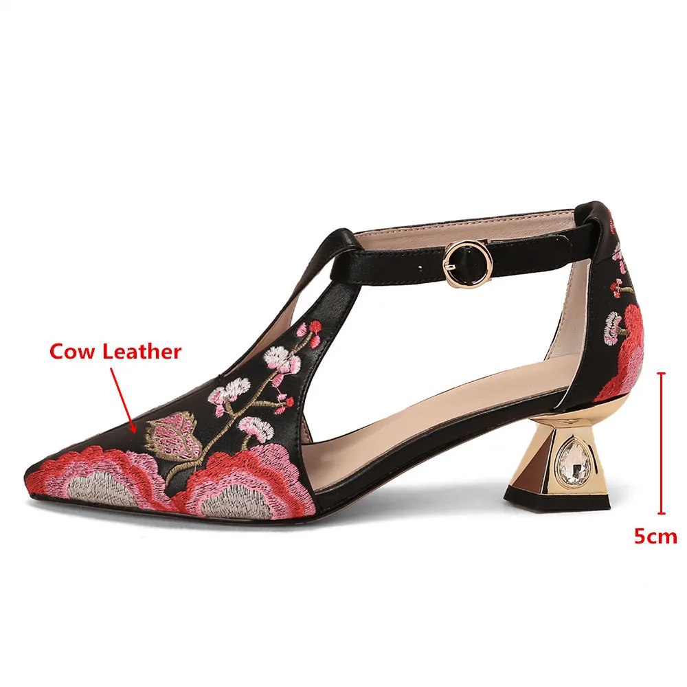 MILI-MIYA Fashion Embroidery Flower Women Cow Leather Pumps Pointed Toe Buckle Strap Thick Heels Plus Size 34-43 Handmade