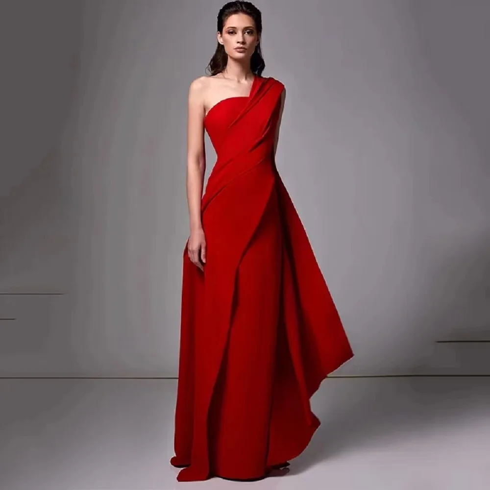 customized Elegant Red A-Line Evening Dresses One Shoulder  Prom Dress Satin Floor-Length Saudi Arabia Party Gown