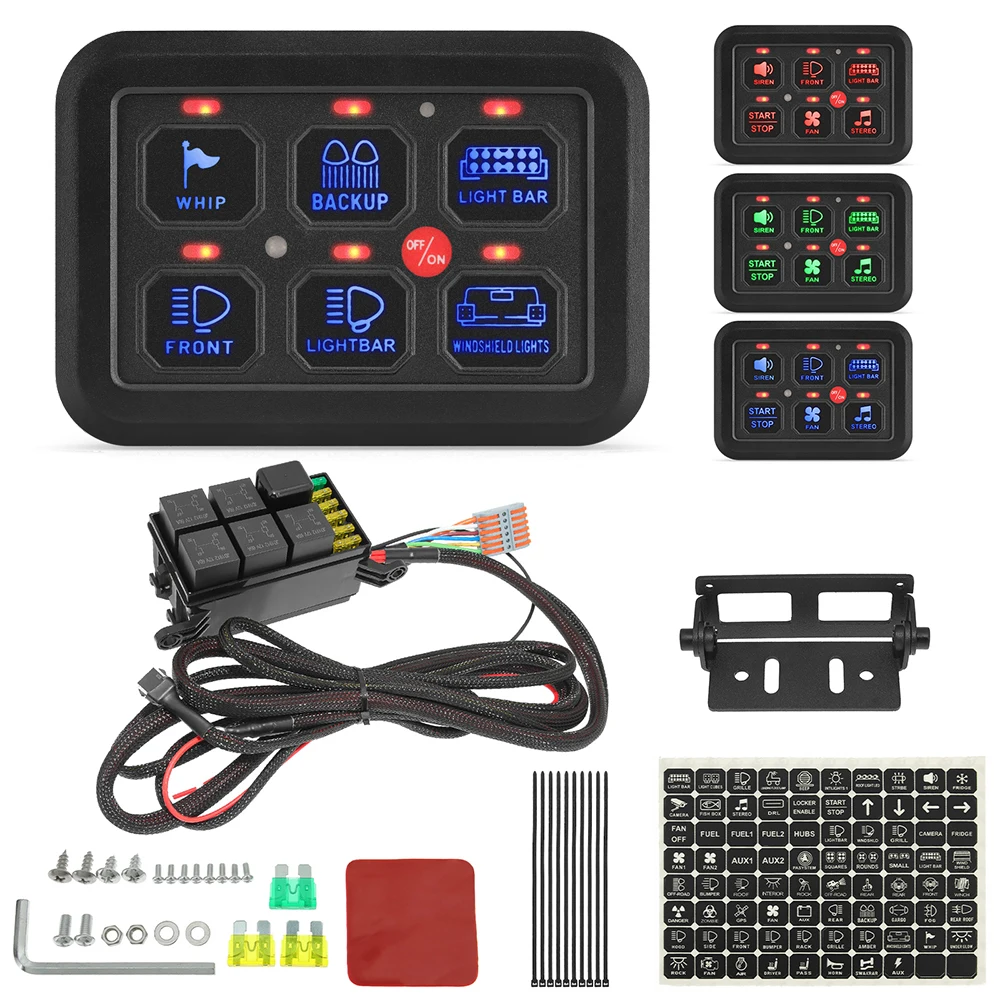 6 Gangs Universal LED Switch Panel 12V Light On-Off Control Relays System Slim Electronic Relay System for SUV Boat Caravan Boat