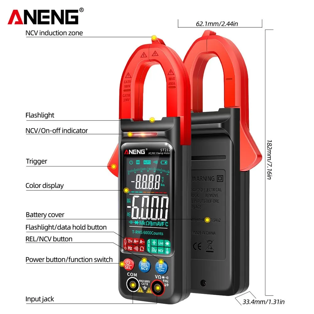 ANENG ST212 6000 Counts Digital Clamp Meter DC/AC Current 400A Amp Multimeter Large Color Screen Voltage Tester Car Hz NCV Ohm