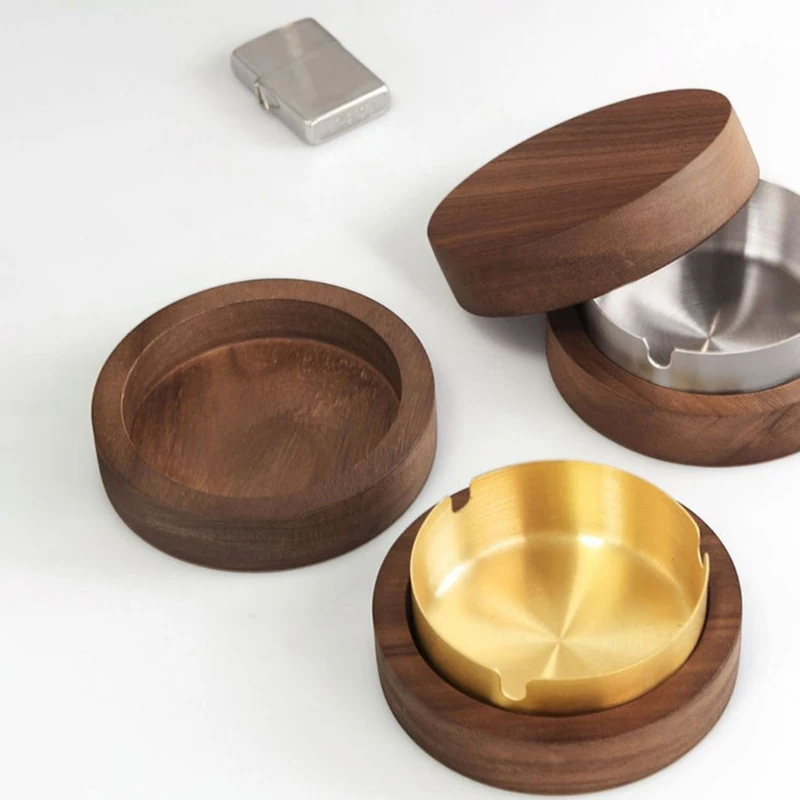 Ceniceros creativos con revestimiento de acero inoxidable, ceniceros de madera de nogal para interiores con tapa, Cenicero para cenizas con mosca, Cenicero para sala de estar