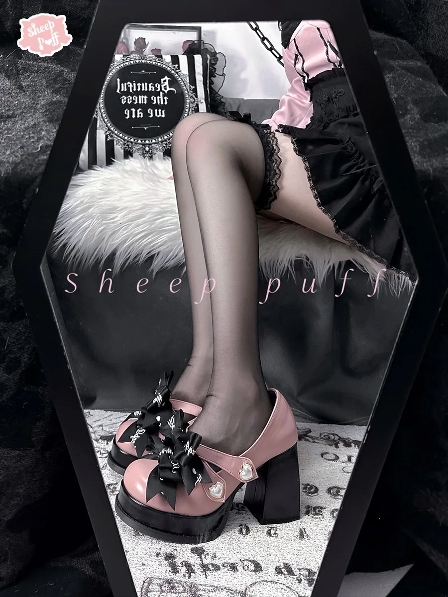 

Japanese dark mines mass-produced bow rhinestone platform muffin shoe women Lolita sweet cool babes waterproof table high heels