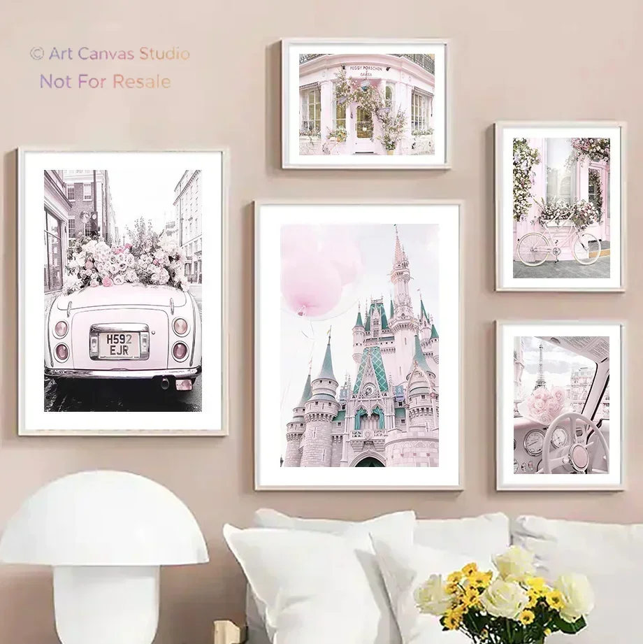 Pink Paris Tower Rose Cherry Blossom – Car Store Modern Frameless Canvas for Living Room Wall Art Decoration