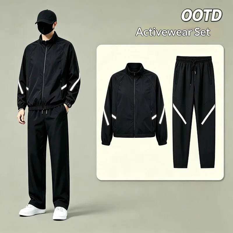 Men's 2-Piece Set Reflective Tracksuit Water-Resistant Breathable Stand Collar Jacket Pants Stretch Oversized Loose Fit Outdoor