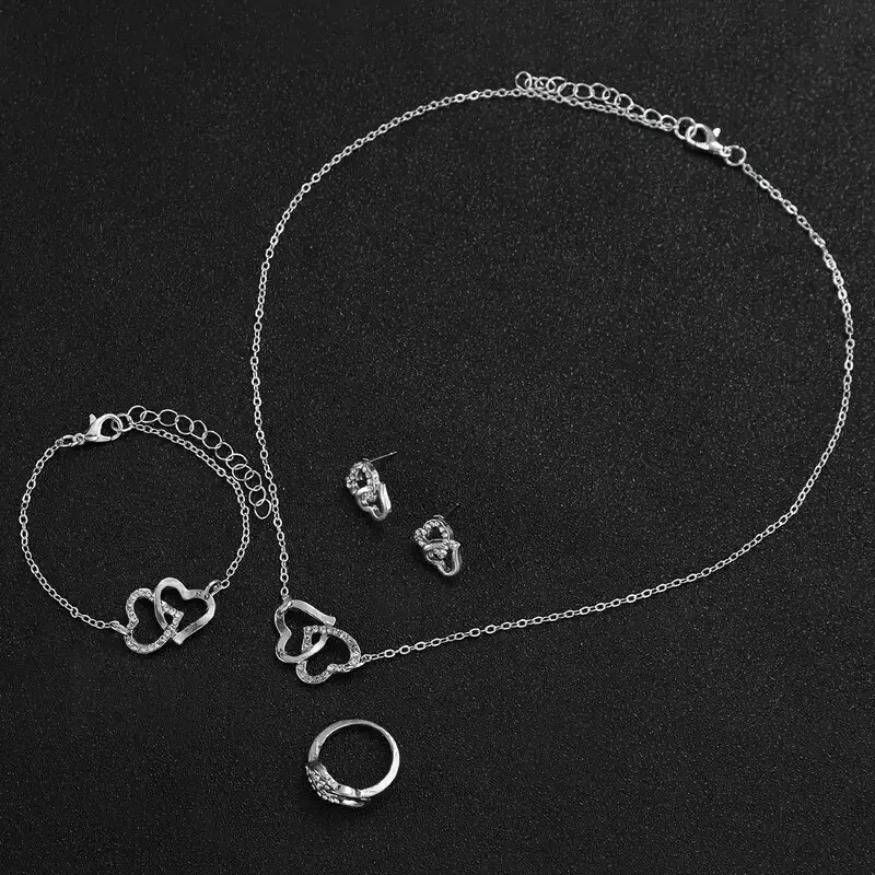 6pcs Ladies Fashion Casual Star Number Full Diamond British Watch White Crystal Love Earrings Necklace Ring Bracelet Gift Set