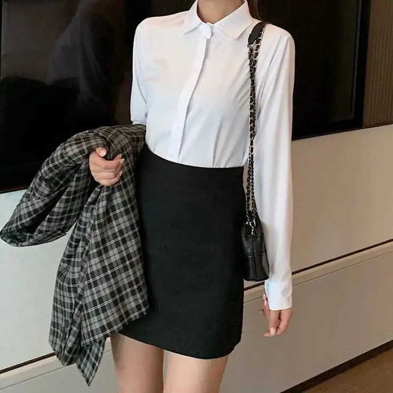 

New Women S Shirts Summer Korean Style Black White Office Ladies Shirt Casual Long Sleeve Turndown Collar Career OL Blouses
