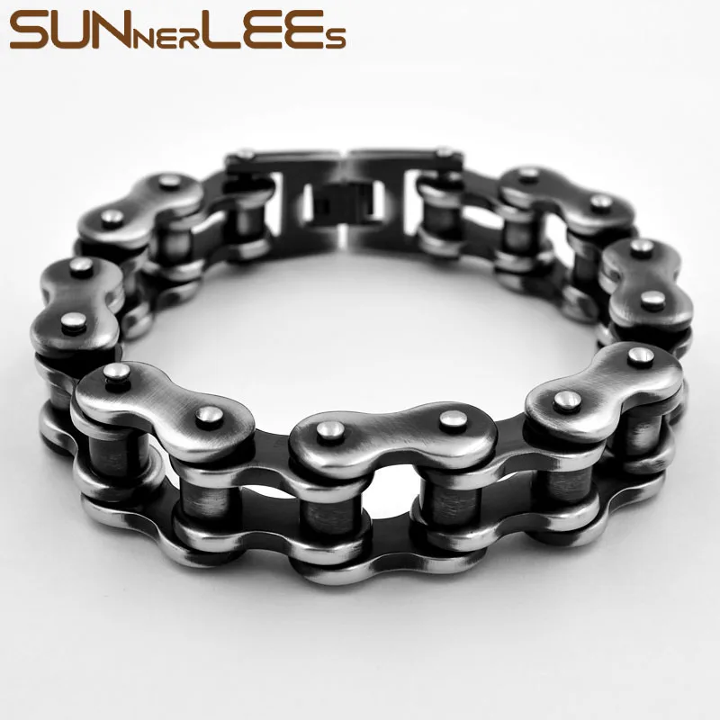 SUNNERLEES 316L Stainless Steel Bracelet Bangle Biker Bicycle Motorcycle Link Chain Retro Black Men Boy Gift BC09