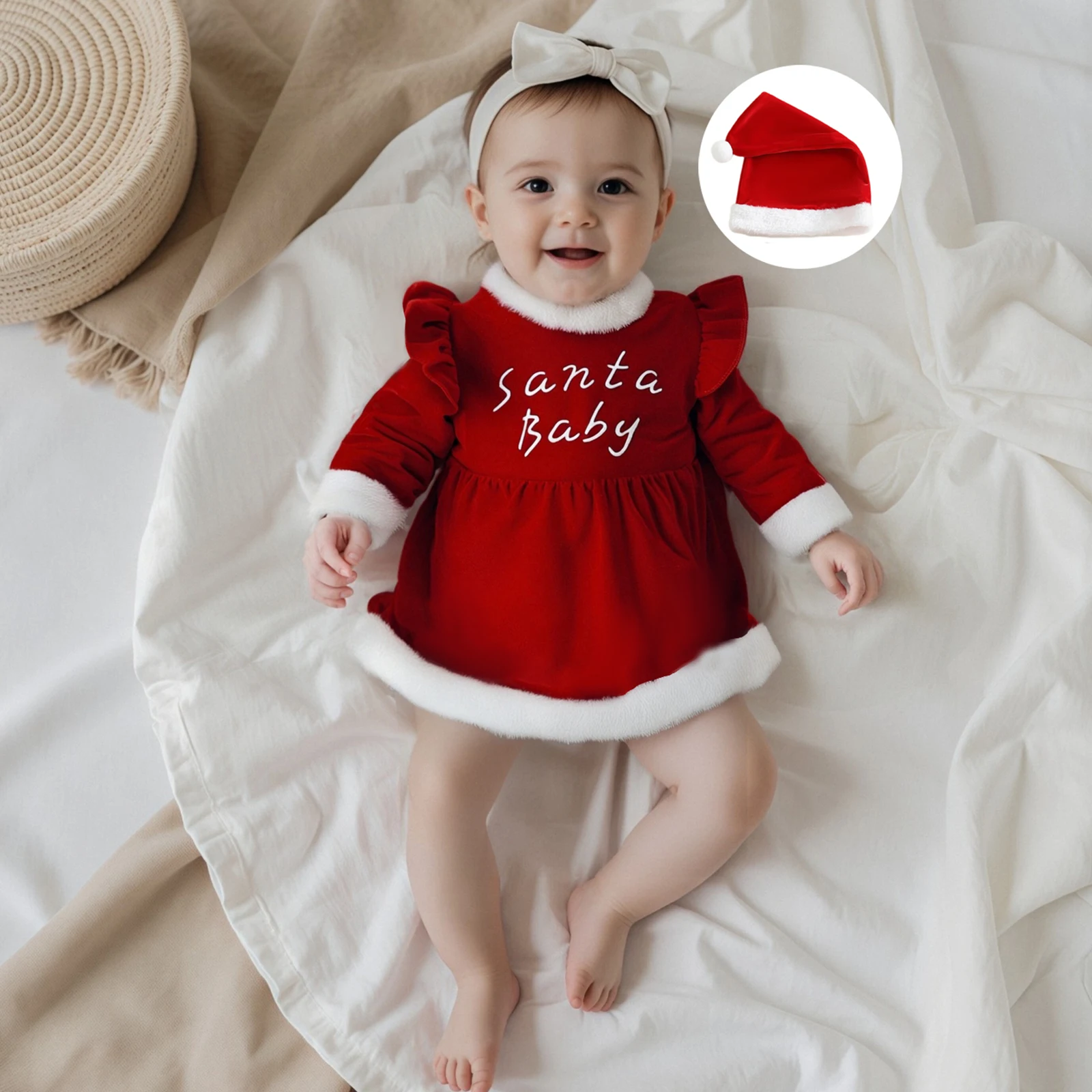 Baby Girls Winter Dress Christmas Clothes Velvet Hem Long Sleeve Baby Xmas Dresses with Hats Costume