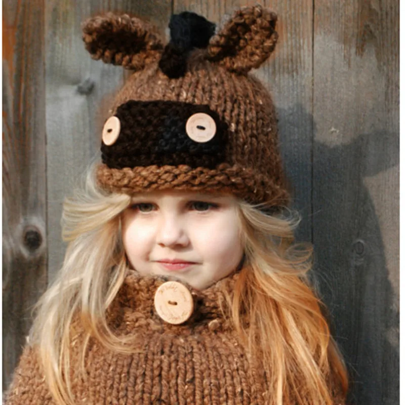 Hat Handmade Knitted Wool Woven Adjustable Cartoon Animal Shape Yellow Dome Children Scarf Two-Piece Set Autumn andWinter Unisex