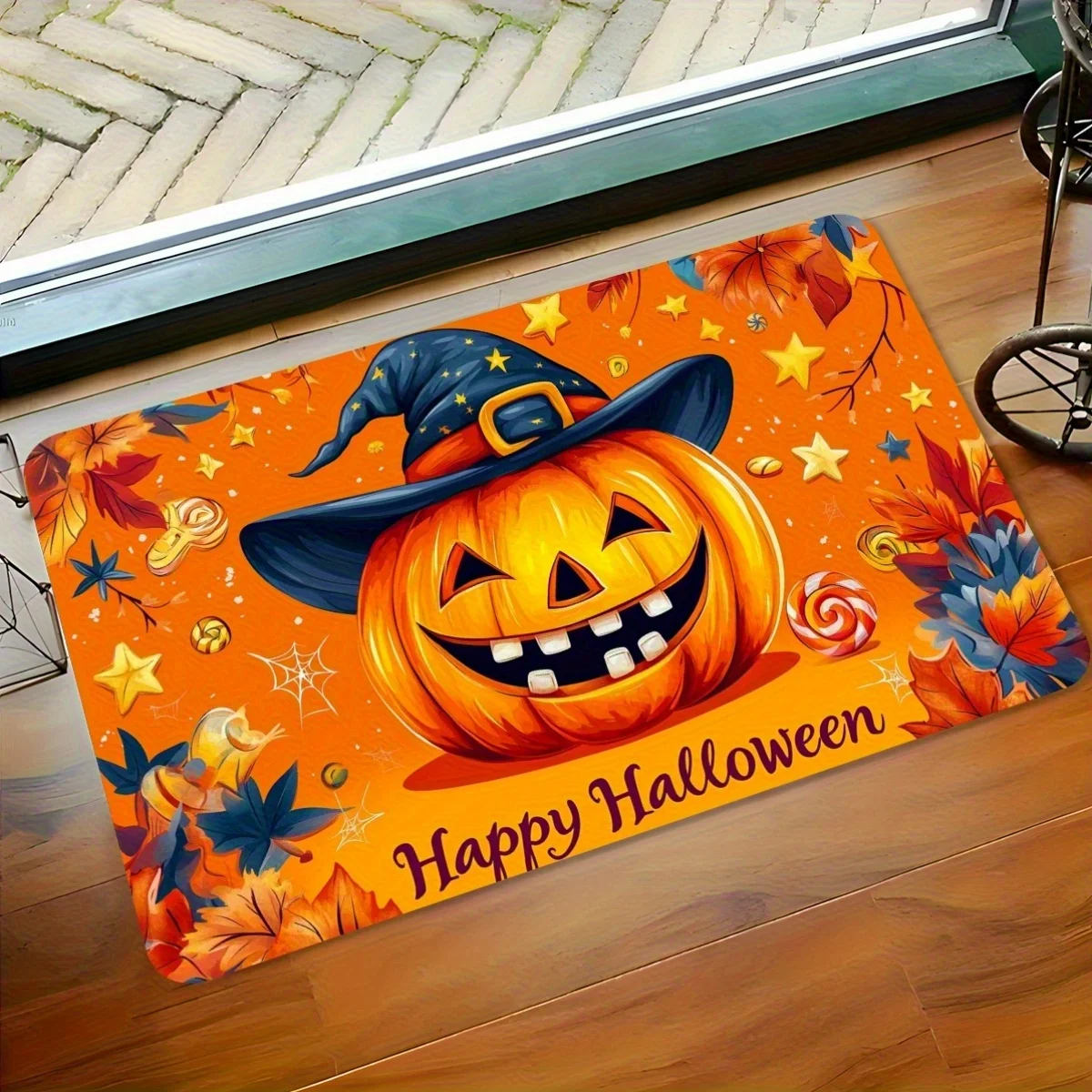 

1 шт., забавный и необычный коврик с рисунком тыквы-волшебника, полиэфирная ткань, можно стирать в машине, подходит для спальни, гостиной