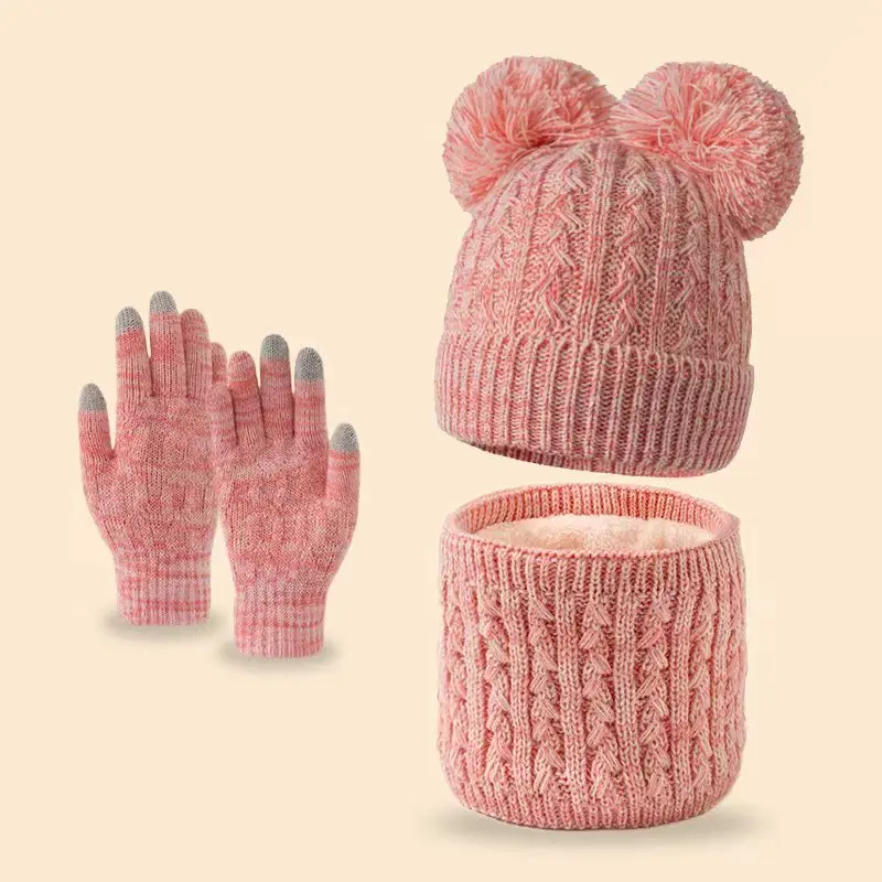 مجموعة من قبعة محبوكة سميكة من الصوف ذات خط مزدوج للأطفال بعمر 5-15 سنة ووشاح مهدب ومجموعة قفازات