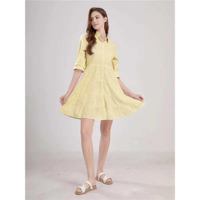 ASDS-robe chemise mi-longue rayée boutonnée pour femmes, décontractée, ample, revers, manches longues, robes mi-longues