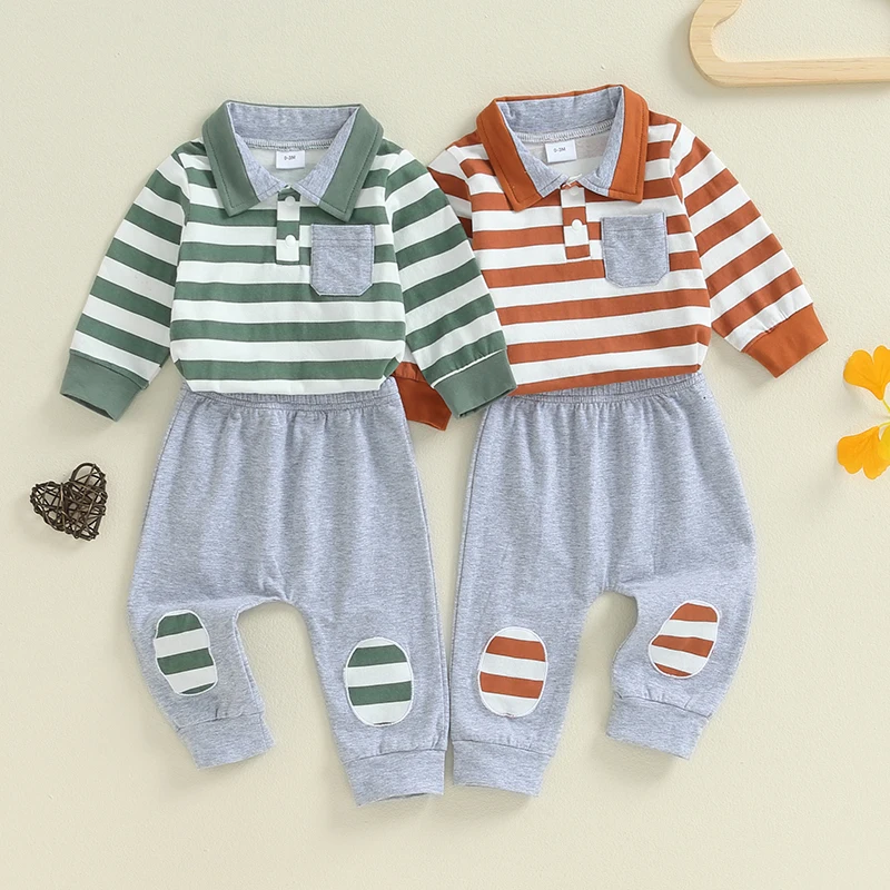 2024-05-30 Lioraitiin Baby Boys Fall Outfits Stripe Turn-Down Collar Long Sleeve Romper Elastic Waist Long Pants 2Pcs Set