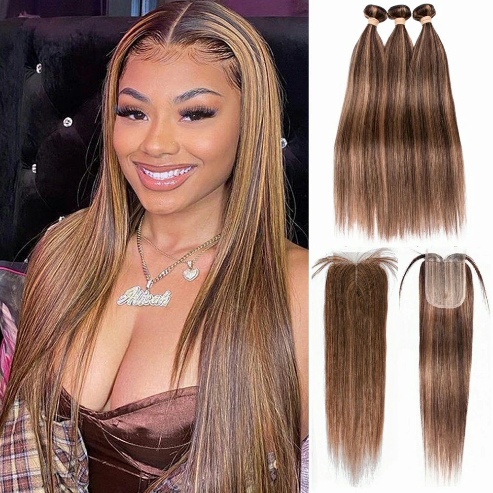 Luxe Diva Hightlight Straight Bundels Met Tpart Sluiting Ombre Bruin P4/27 Braziliaanse Human Hair Extensions Weeft Met Sluiting