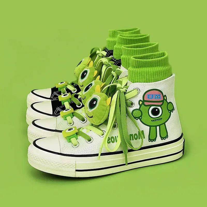 Disney Monsters University Mr.Q Mike High Canvas Shoes Fashion Casual Cute Graffiti Pattern Cartoon Boys Girls Shoes + Dolls