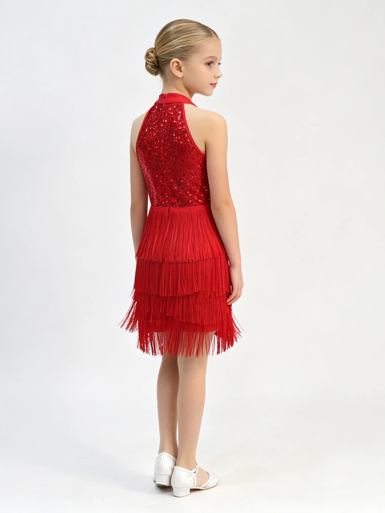 Kids Girls Tassel Latin Salsa Tango Dance Dress Sleeveless Shiny Sequin Fringed Dresses with Shorts Ballroom Chacha Samba Outfit