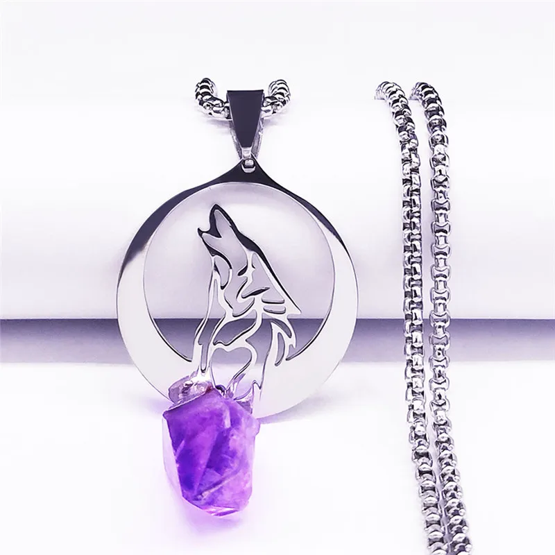 القمر الذئب الطبيعي الأرجواني كريستال قلادة من الفولاذ المقاوم للصدأ الحيوان قلادة قلادة النساء/الرجال المجوهرات cadenas mujer N7096S02