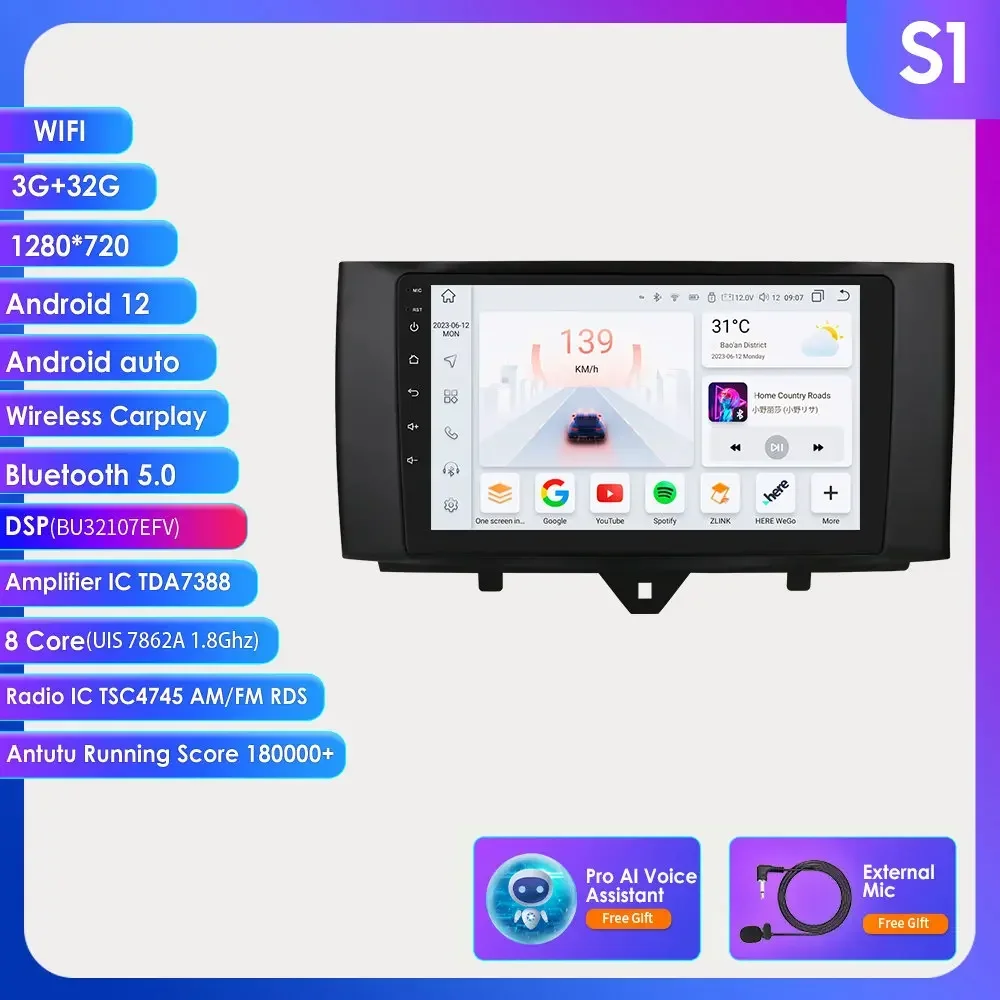 9 "ossuret android13 auto raido für mercedes benz smart fortwo 451 2010-2015 multimedia carplay stereo auto gps dsp rds 4g swc 10