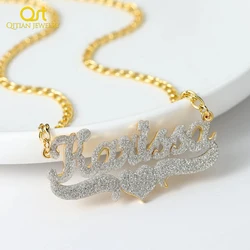 Qitian New Bling Name Necklace With Heart Custom Heart Name Pendant Personalized NamePlate Necklace Hip Hop Jewelry BirthdayGift