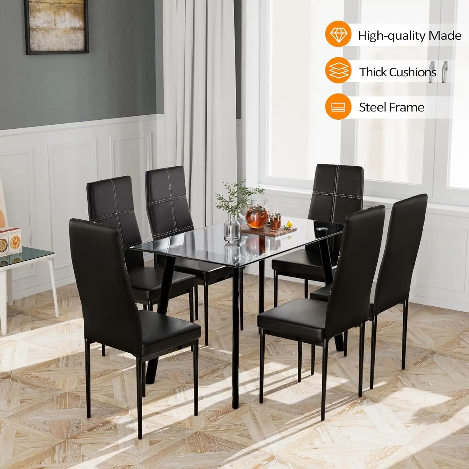 NEW 7 Pieces Dining Table Set,Glass Dining Table Set for 6,Kitchen Dinner Table with 6 Chairs,Dining Room Set for 6