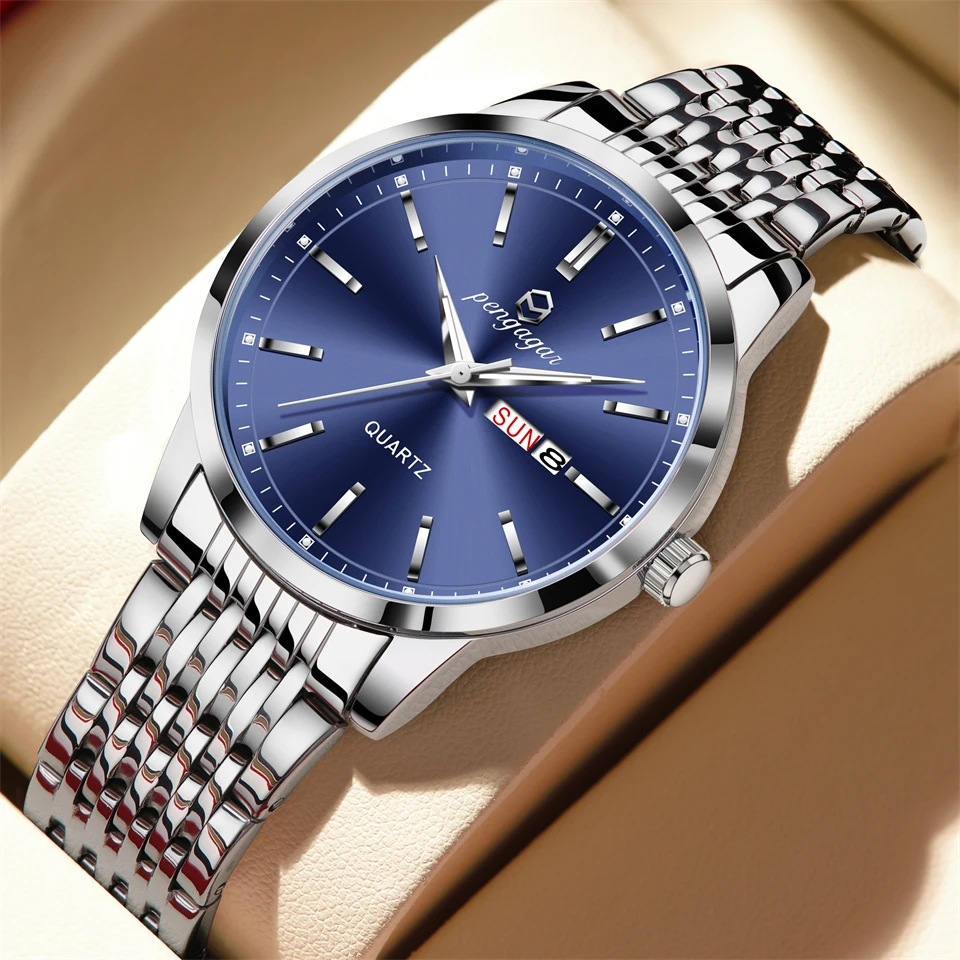 PENGAGAR Fashion Men\'s Watch Original Waterproof Stainless Steel Wristwatch Luminous Date Mineral Glass Date Trend Watch for Man
