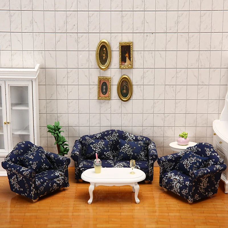 

DIY Accessories 1:12 Dollhouse Mini Furniture Sofa With Pillow Blue Cloth Small Fragmented Flower Sofa Model Scene Toy