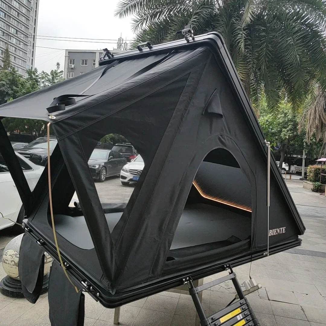 

In Stock Camping Triangle Car Rooftop Tent Hard Clamshell Black Gray Aluminum 2-3 Person Hard Shell Roof Top Tent