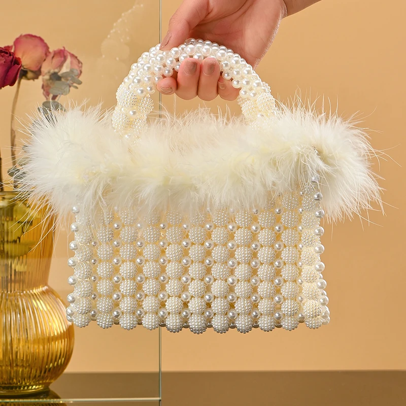 

Fashion Bags For Ladies Pearl Bag Beaded Plush Handbag Exquisite Winter Style Soft Fur Handmade Clutch Bag Evening Bag for girle