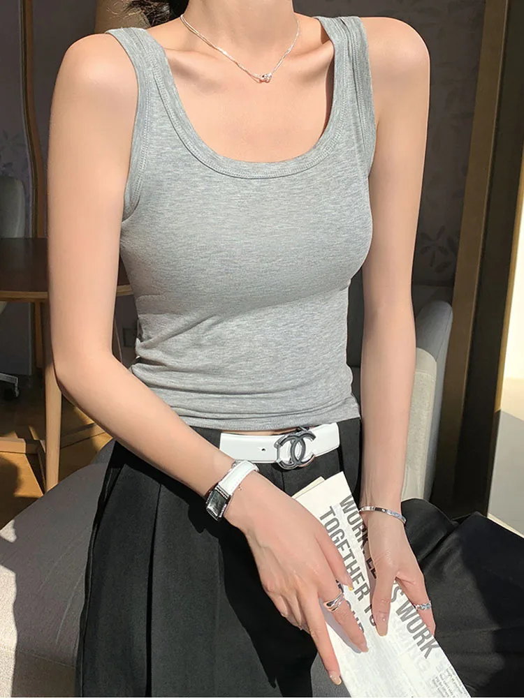 Women U Neck Ribbed Knit Tank Top Wide Fixed Strap Soft Stretch Daily Basic Layering Vest