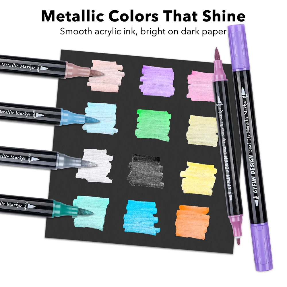 Dual-Tip Metallic Acrylic Markers 2 in1 Fine&Brush Tip Paint Pen for Black Paper,Rock Painting,Glass Craft,Card Making Scrapbook view 4