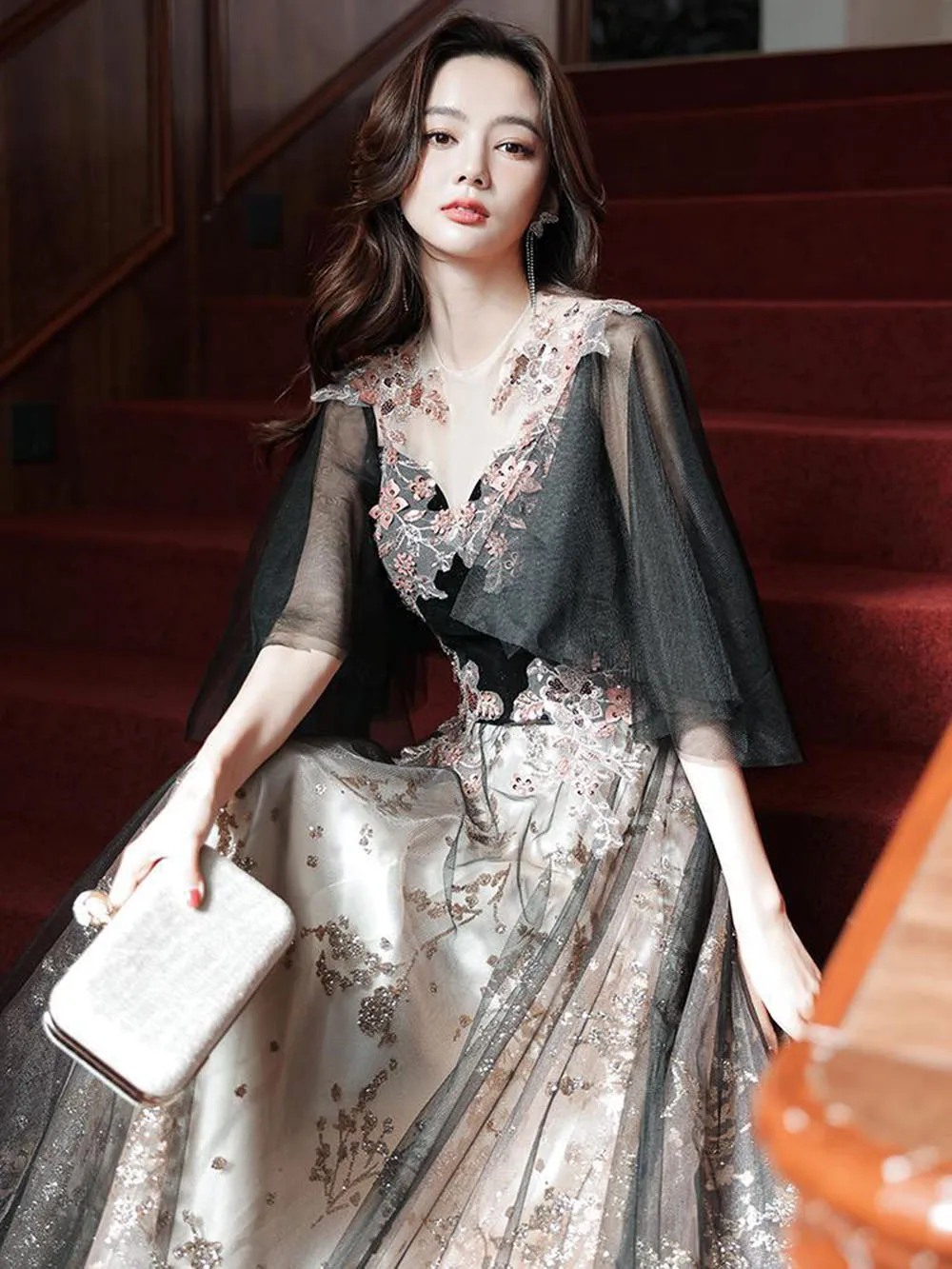 Elegant Spliced Velvet Evening Dress Women's Light Luxury Transparent Mesh Applique V-Neck Prom Gown Half Flying Sleeve Vestido