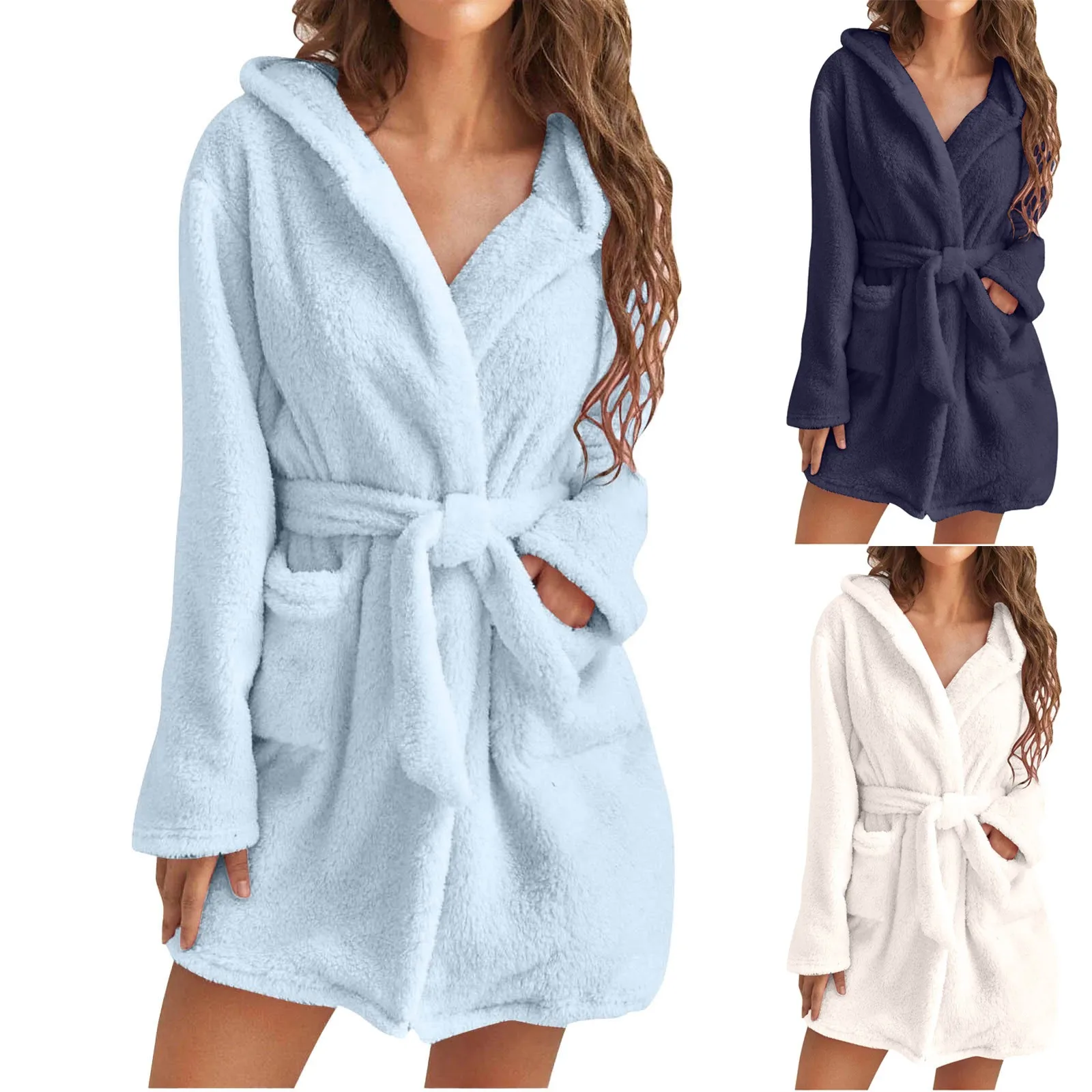 Women Winter Soft Hooded Fleece Plush Bathrobe Short Flannel Sleepwear Fleece Bathrobe Flannel Kimono Bath Nightwear Robe