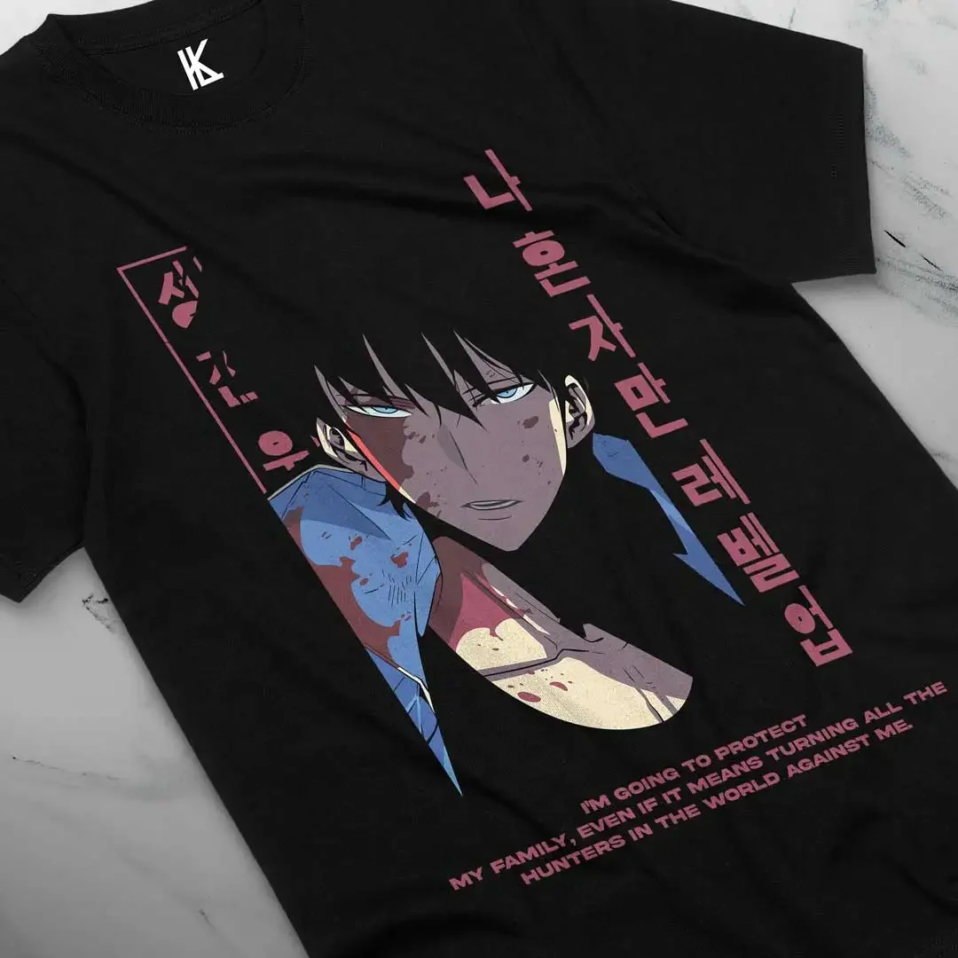 Sung Jinwoo Solo Leveling T-Shirt Horror Anime Manga Black Gifts Shirt All Size Cotton