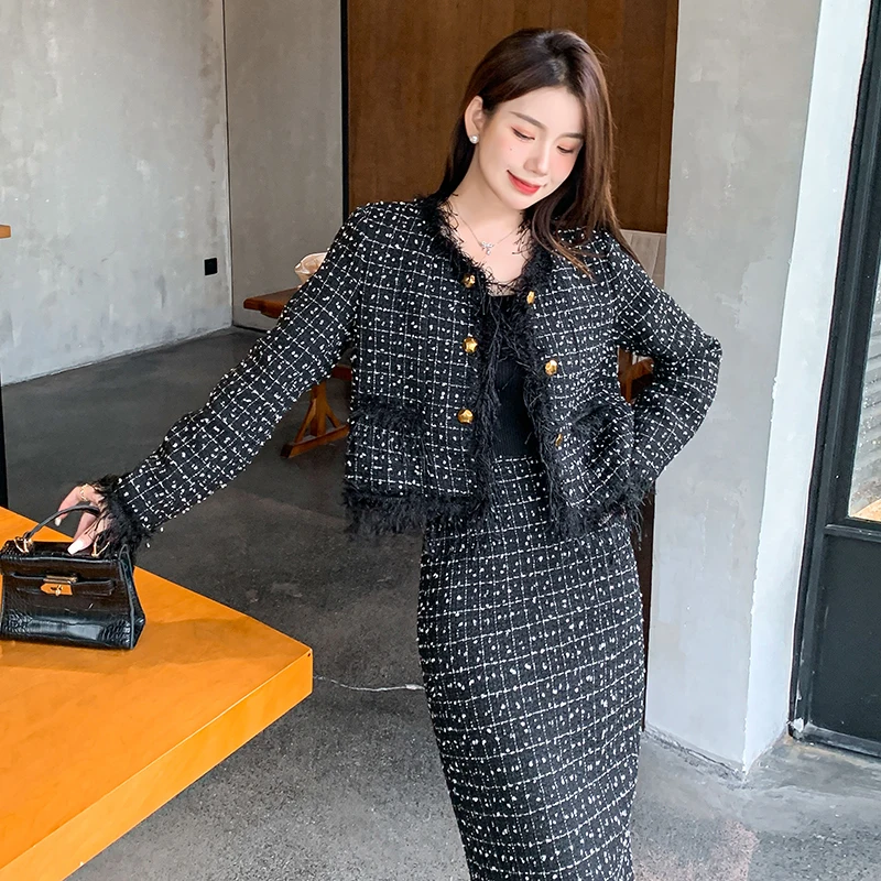 2023 New Luxury Winter Autumn Women 2 Piece Set Tweed Wool Tassel Vintage Black Plaid Jacket Coat Outwear+Long Skirts Sets