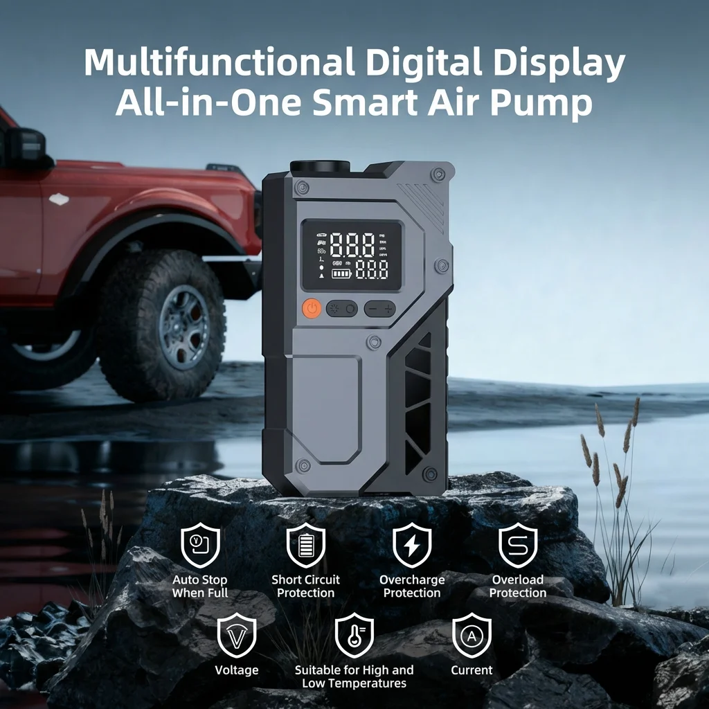 12V Car Jump Starter with Smarter Safety Clamps Digital Tire Inflator Power Bank & SOS Light
