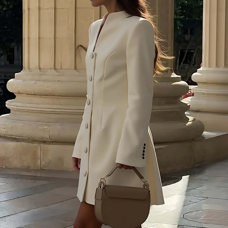 솔리드 싱글 브레스티드 A라인 미니 드레스 우아한 여성용 V넥 긴팔 하이웨이스트 베스티도 여성 출퇴근 스트리트 가운