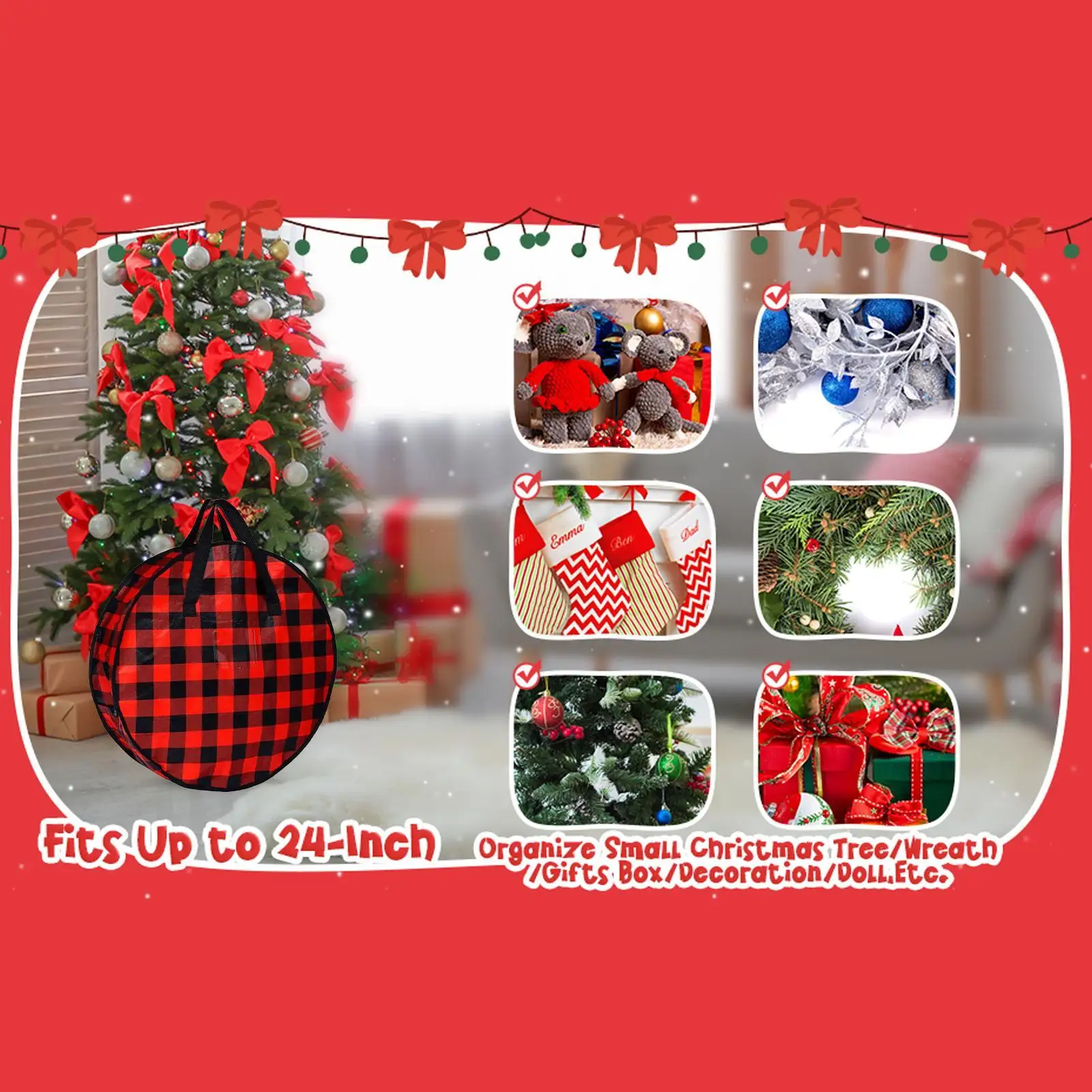 

Сумка для хранения рождественского венка, 2-х предметная клетчатая защита, коробка для хранения венка на молнии с ручкой для дома на Рождество и праздник