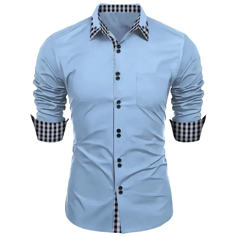 

2024 New Fashion Men's Wear Spring Autumn Men's Fashion Check Color Block Business Slim Fit Casual Shirt Long Sleeved Shirt