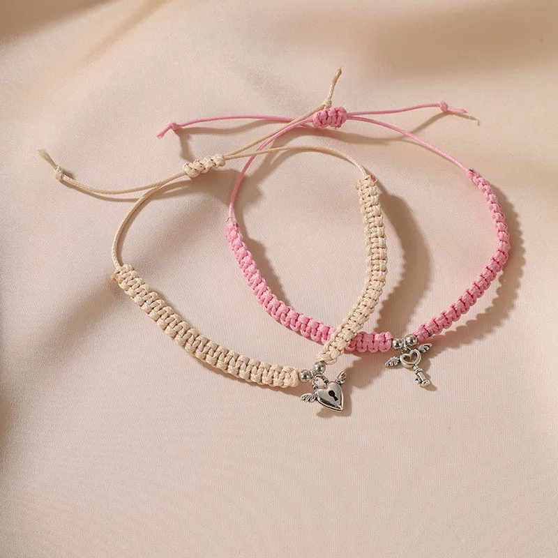 HI MAN-Handmade Pink khaki heart pendant Weave Bracelet Gentle Style Couple Jewelry Festival Gift Accessories Two-piece Set