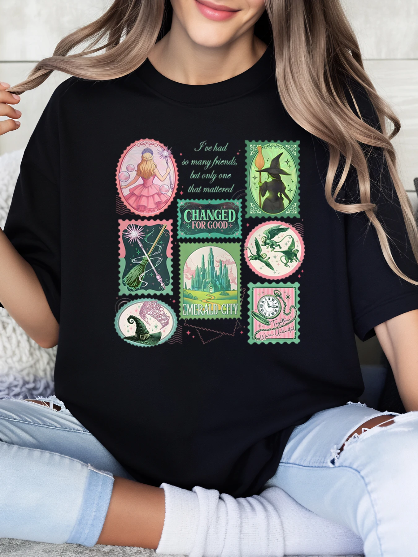 오즈의 마법사 스탬프 디자인 할로윈 티셔츠 여성 캐주얼웨어 파티 복장 블랙 플러스 사이즈