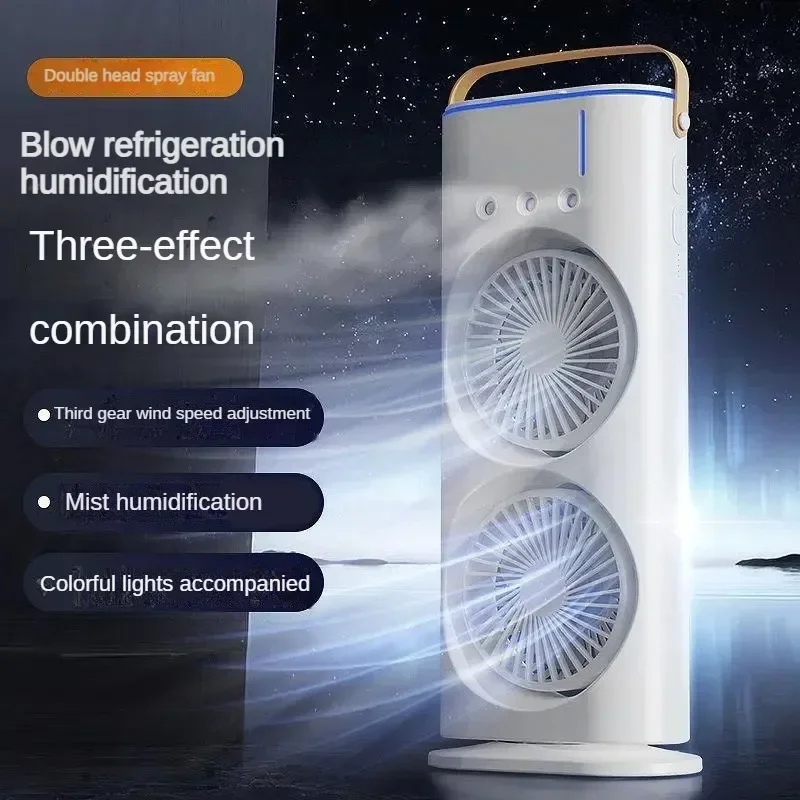 Aire acondicionado con pulverizador 2024, ventilador Dual recargable por USB, luz LED nocturna, refrigeración por niebla de agua, ventilador de escritorio