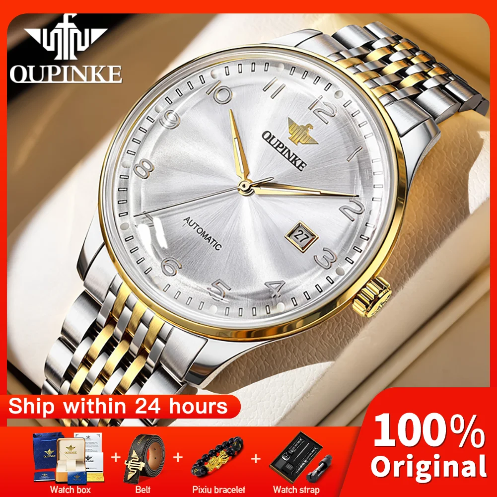 

OUPINKE 3319 Men Mechanical Imported Movement Watch Big Dial Luminous Display 50m Waterproof Calendar Window Watch For Men