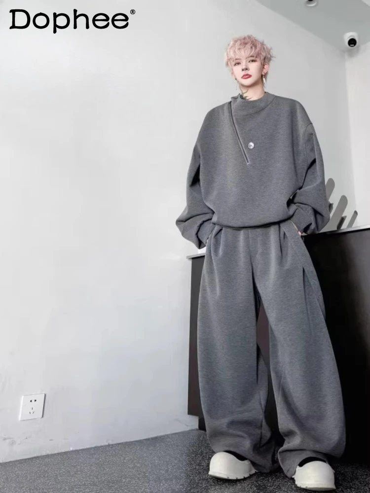 

2026 Men's Spring Autumn New Comfort Sports Sweatshirt Sets Men's Solid Color Faux Two-Piece Zipper Tops Pants Two-Piece Sets