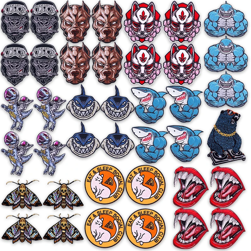 

10PCS/Lot Shark Embroidery Patch Punk Animal Muscle Iron On Embroidered Patches For Jacket Bag Cool Design Badge For Clothes Hat